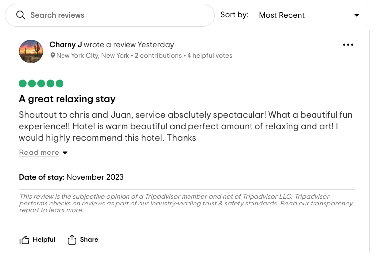 screenshot campione recensione più recente tripadvisor