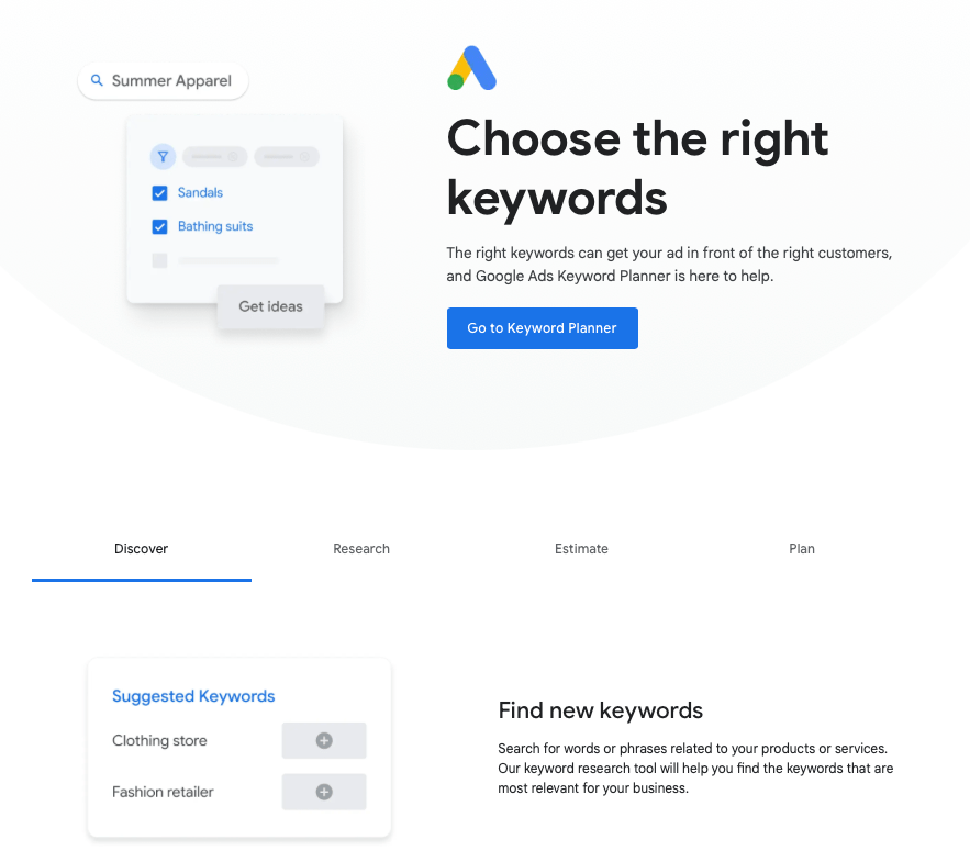 screenshot homepage pianificatore parole chiave google