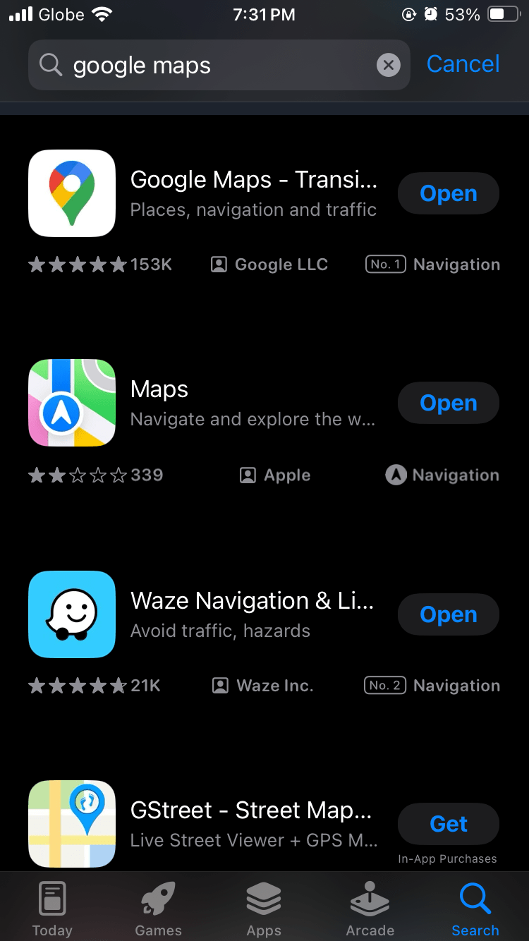 screenshot dell'app store di Google Maps