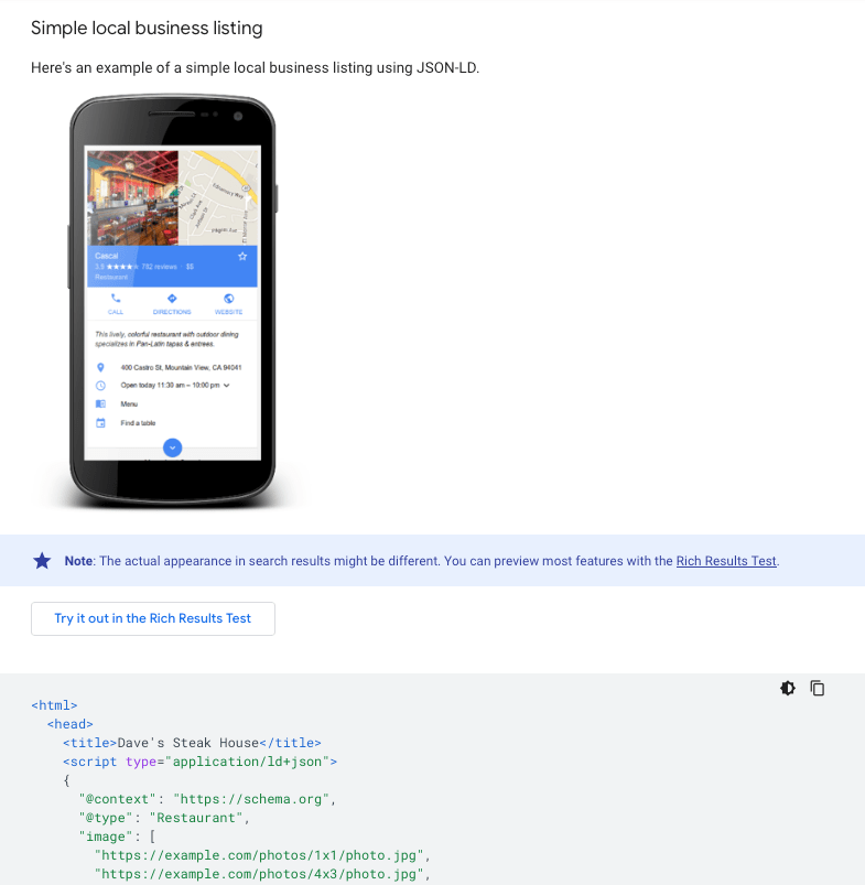 screenshot dei dati strutturati di Google Business