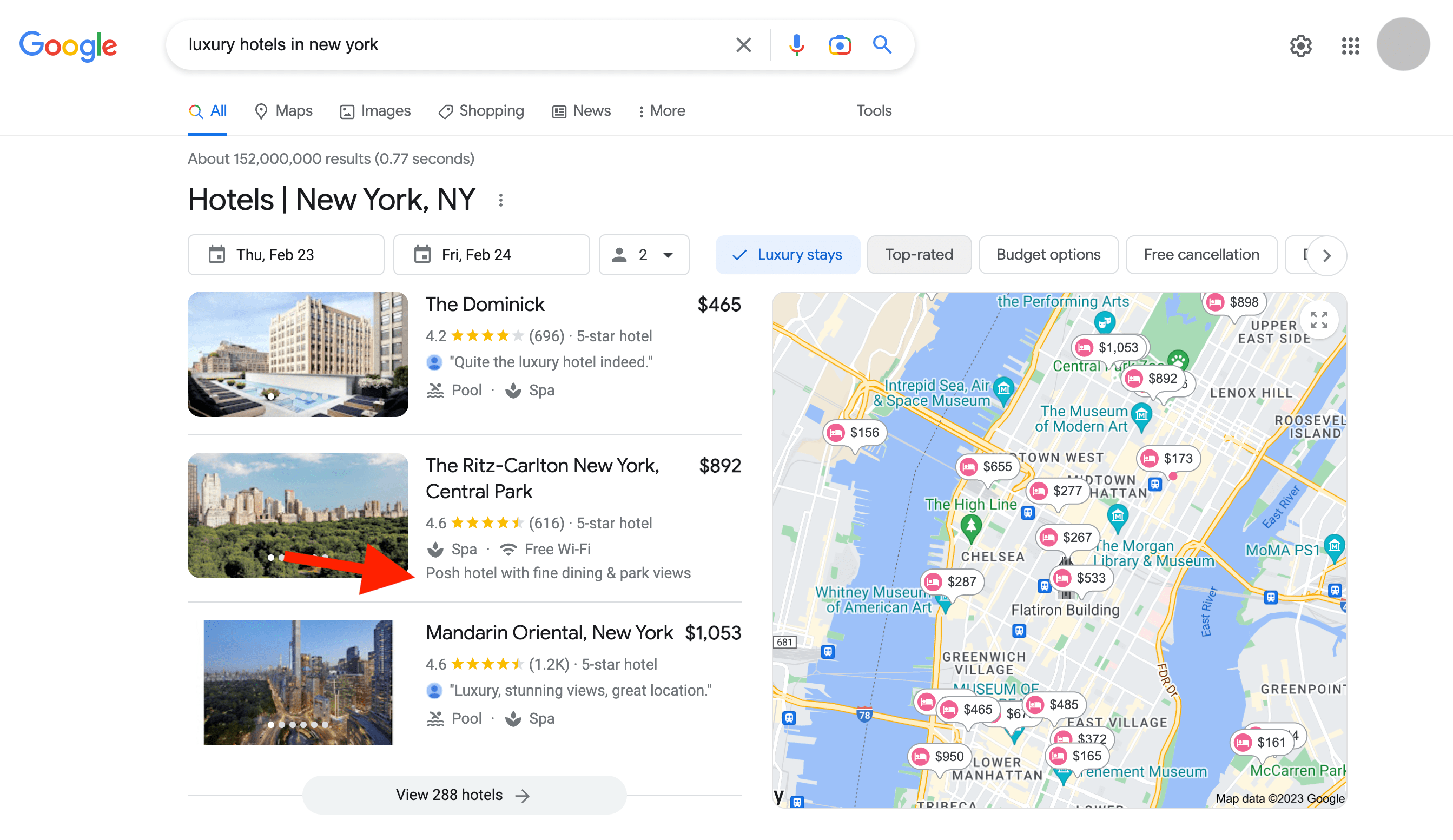 Resultados de búsqueda de hoteles de lujo en Google