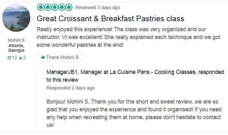 screenshot di La Cuisine Paris che risponde a una recensione di un cliente
