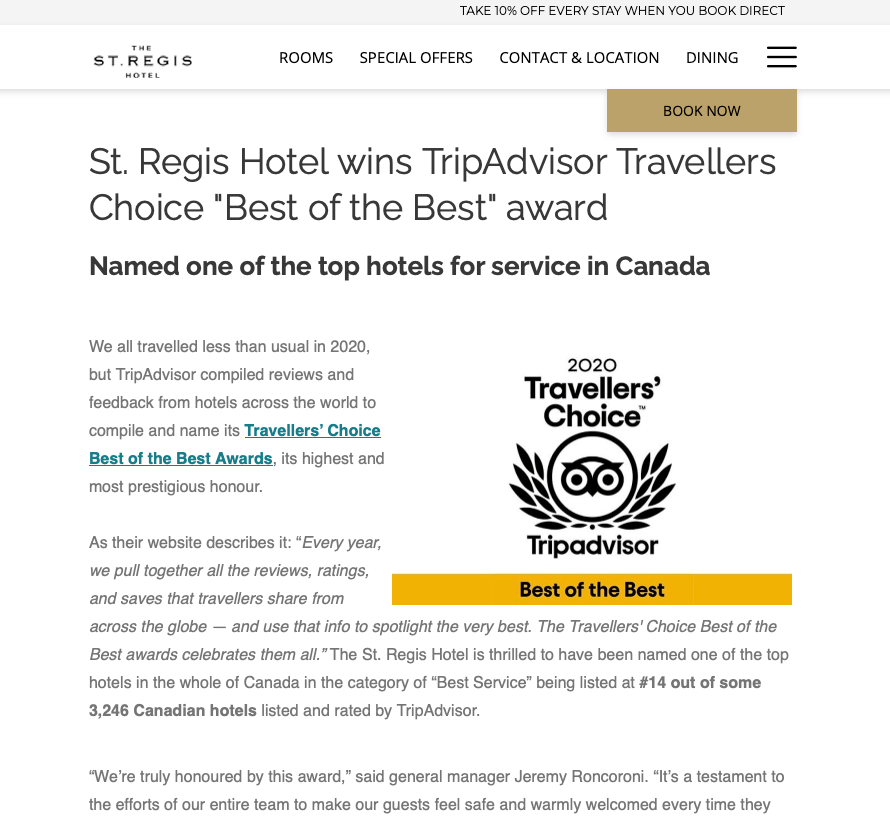 screenshot dell'articolo dell'hotel st. regis badge tripadvisor