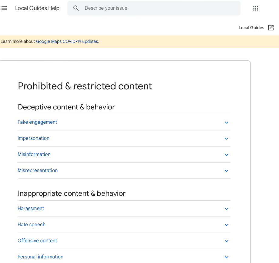 screenshot delle linee guida per la revisione di Google