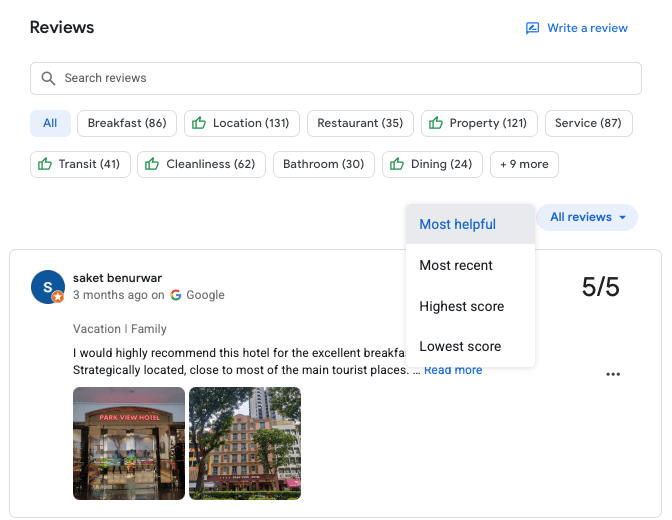 Filtrado de reseñas de Google