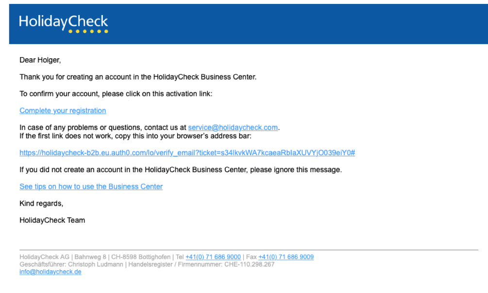 e-mail di conferma di holidaycheck