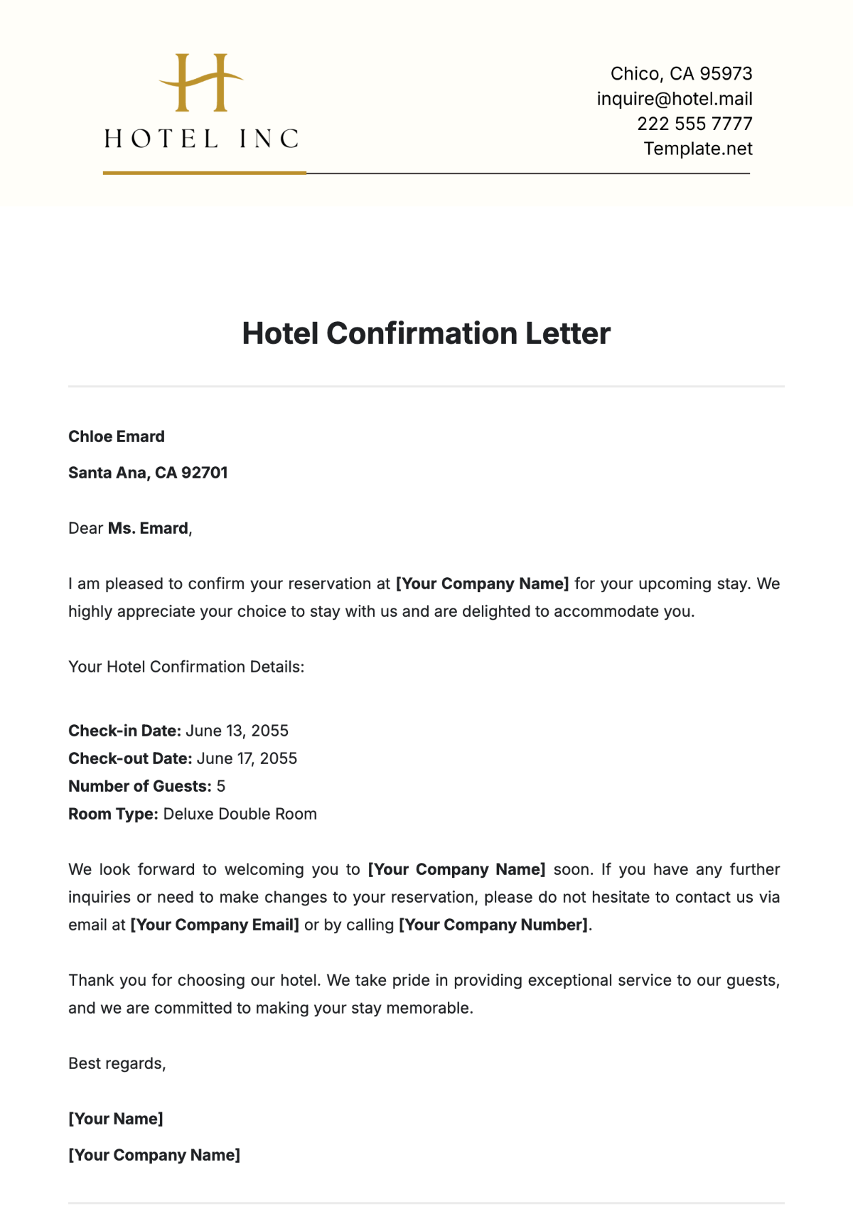 Carta de confirmación de reserva de un hotel