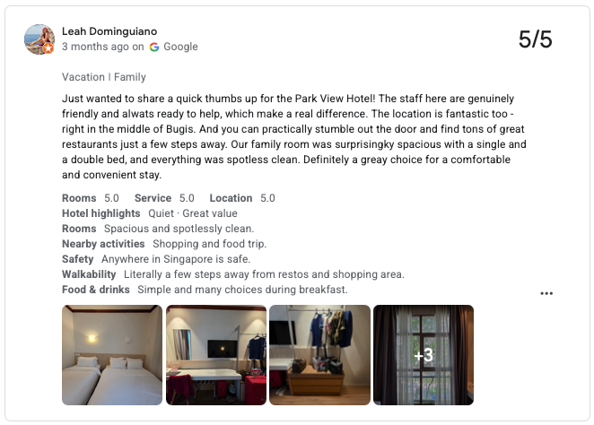 Esempio di recensione di un hotel su Google.