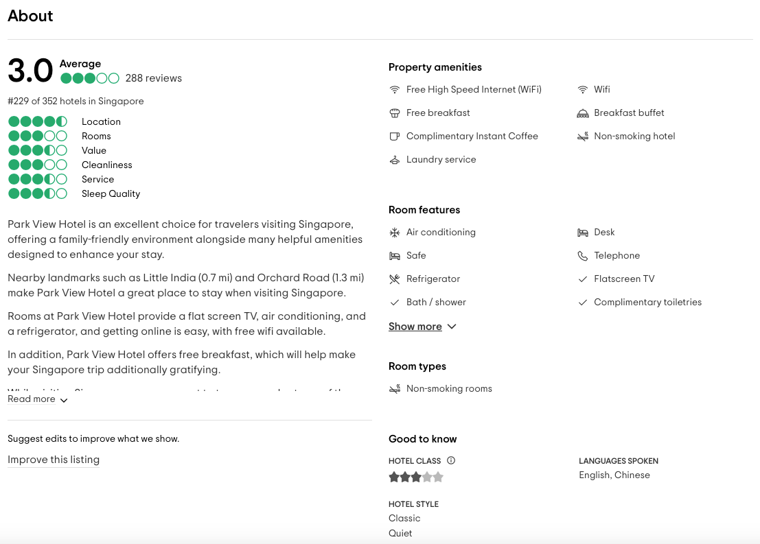conteggio delle recensioni di un hotel in elenco su Tripadvisor