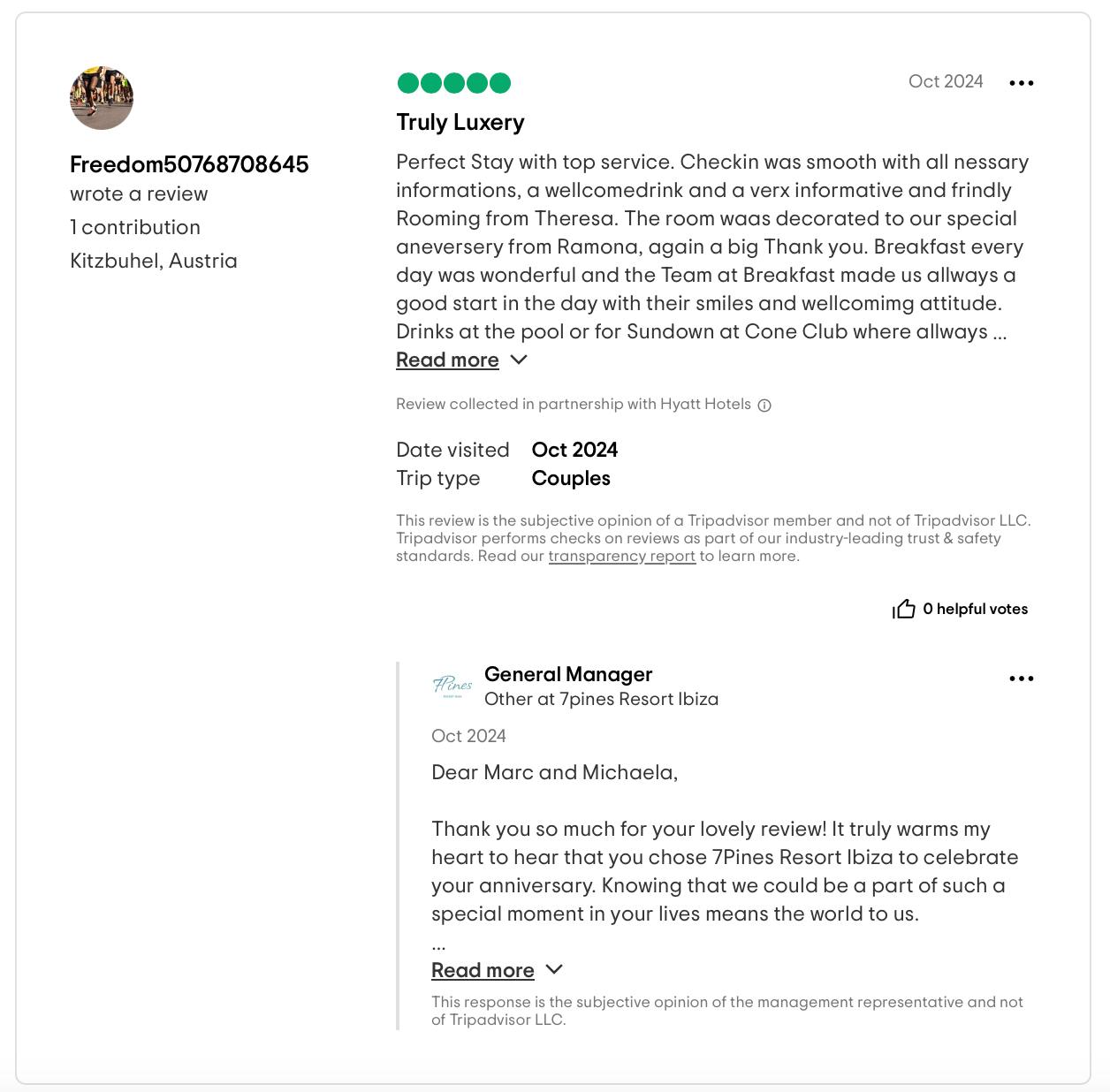 Esempio di risposta alla recensione di Tripadvisor