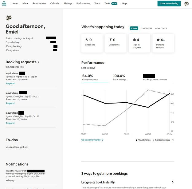 Vista del panel de control del anfitrión de Airbnb