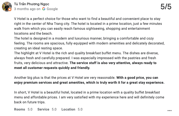 buona recensione del servizio alberghiero