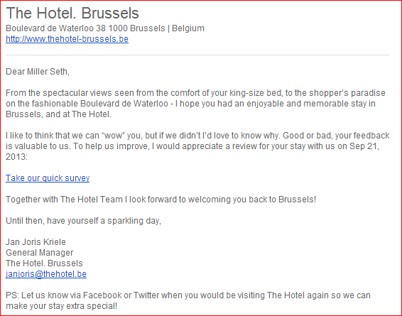 Email review request from a hotel