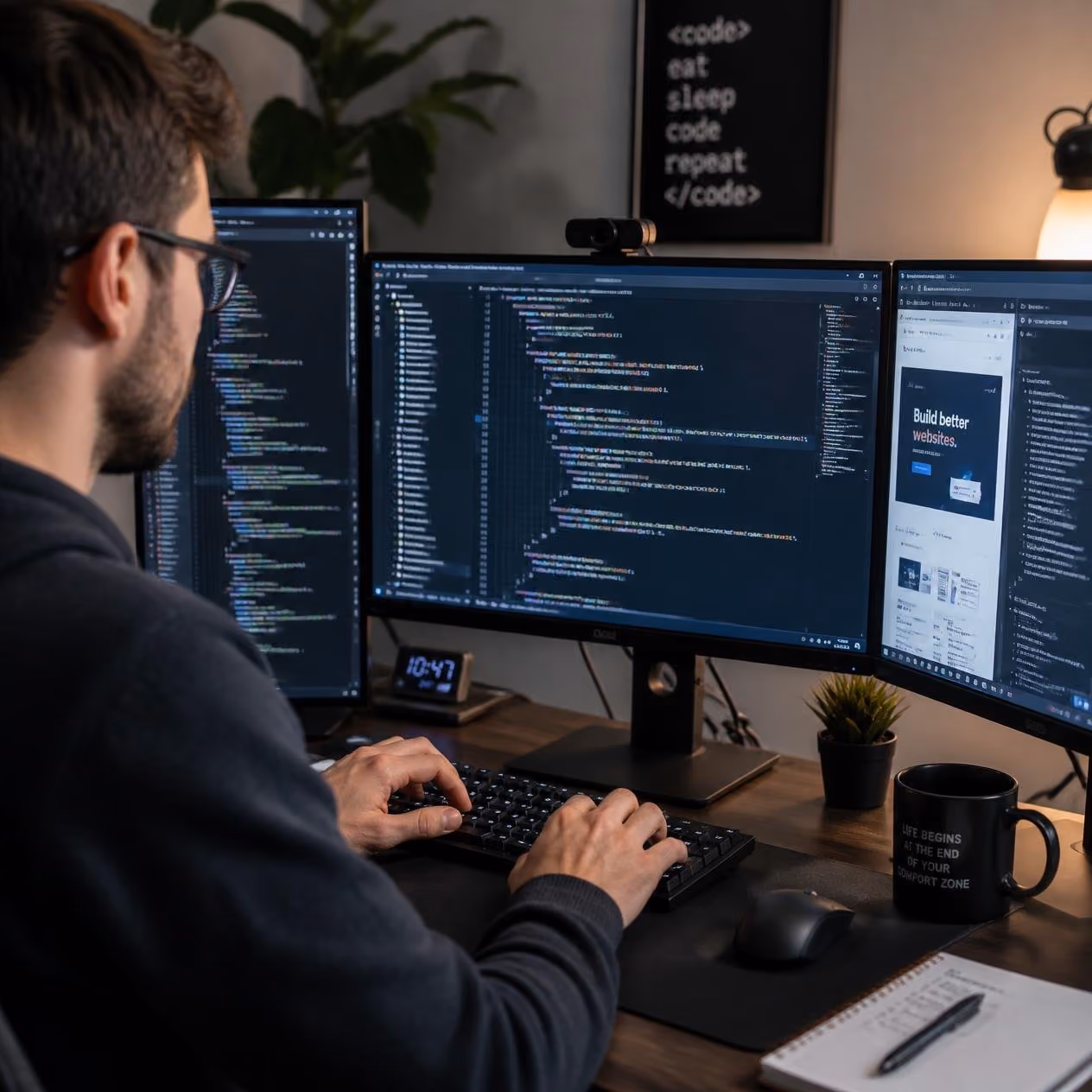 Professional web design Lincolnshire: developer writing code across three monitors at a desk