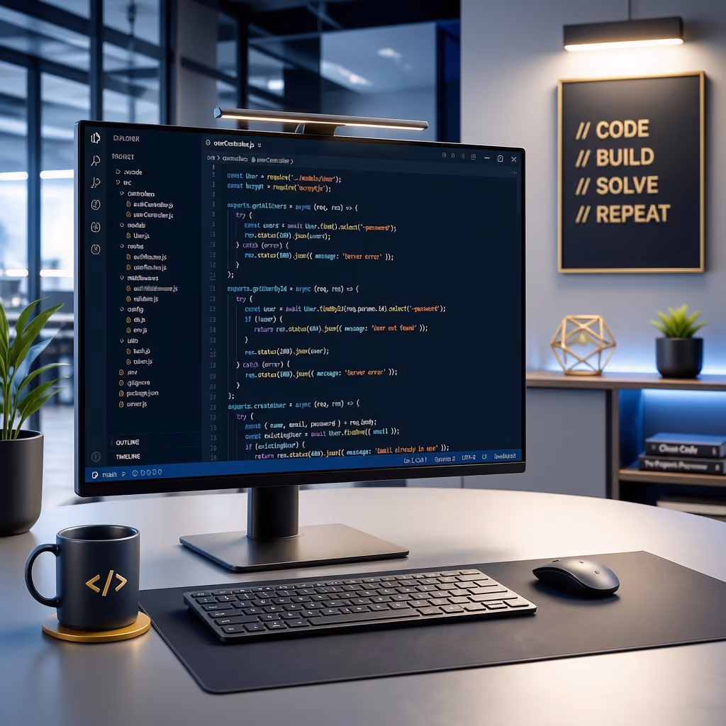 Developer workstation with code on a monitor and a mug beside the keyboard
