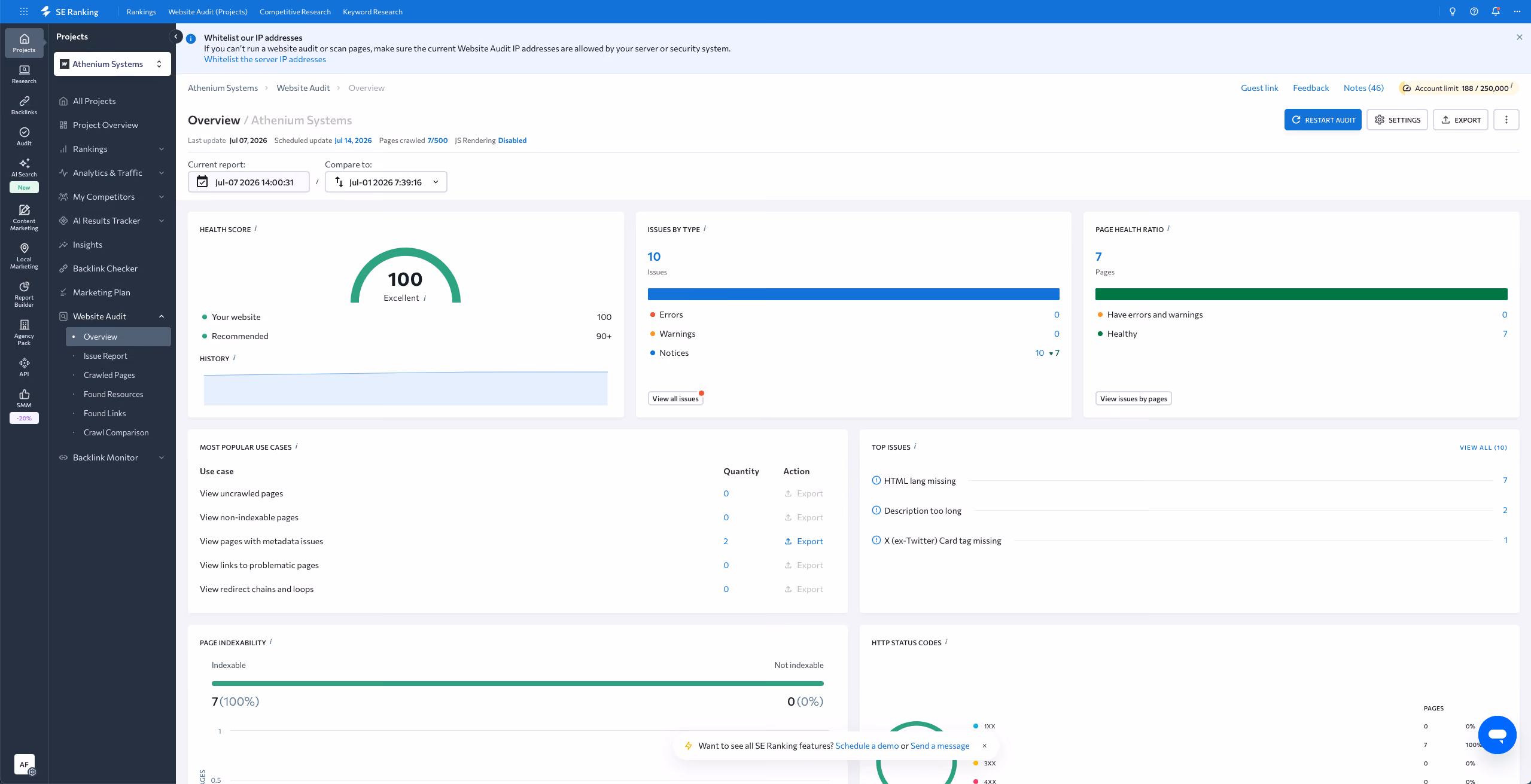 SEO audit dashboard showing a health score of 100