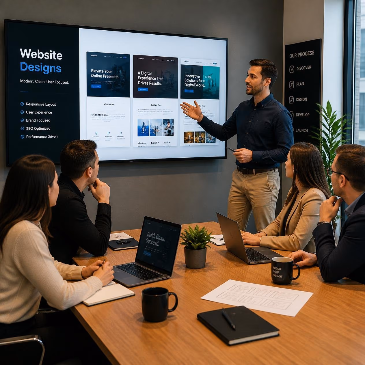 Presenter showing website designs on a screen to a team in a meeting room