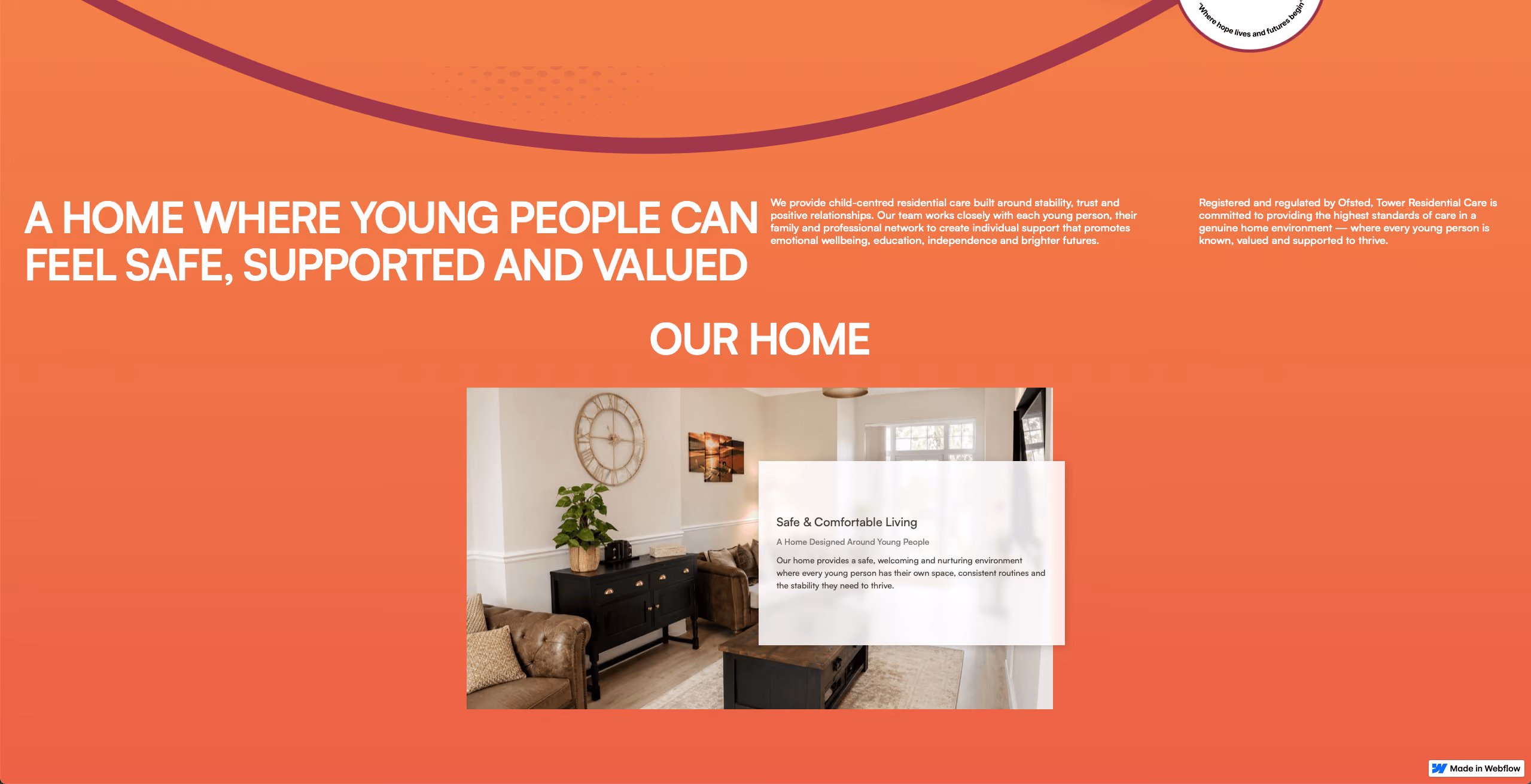 Tower Residential Care website Our Home section with a living room photograph