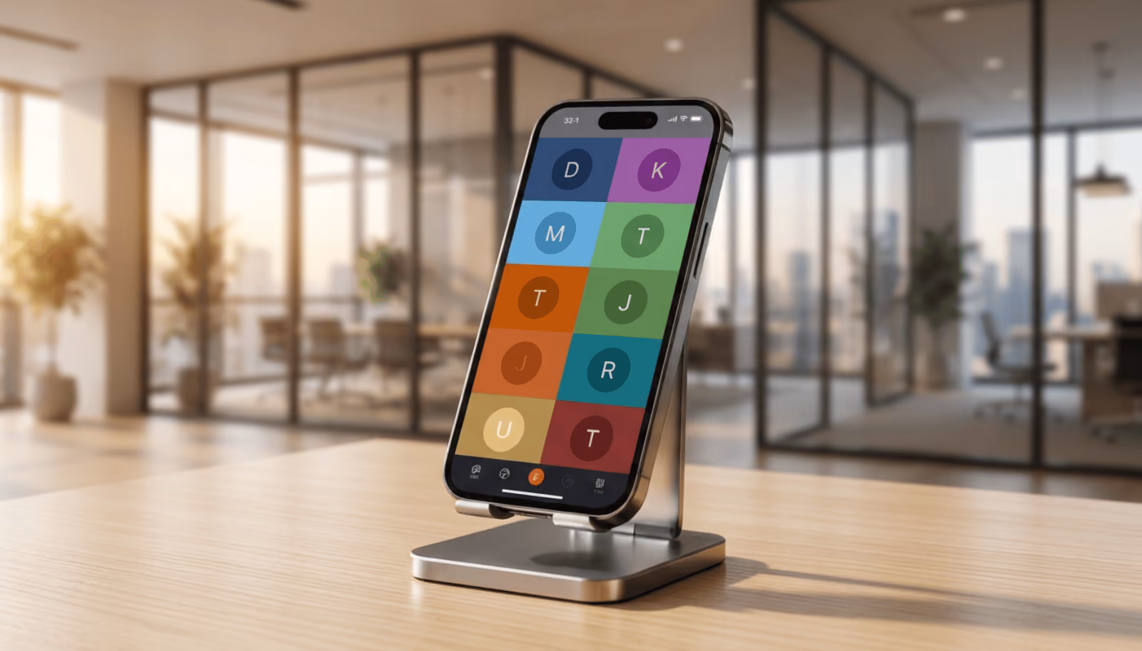 Web design Lincolnshire mobile design: smartphone on a stand showing a colourful app screen in a bright office