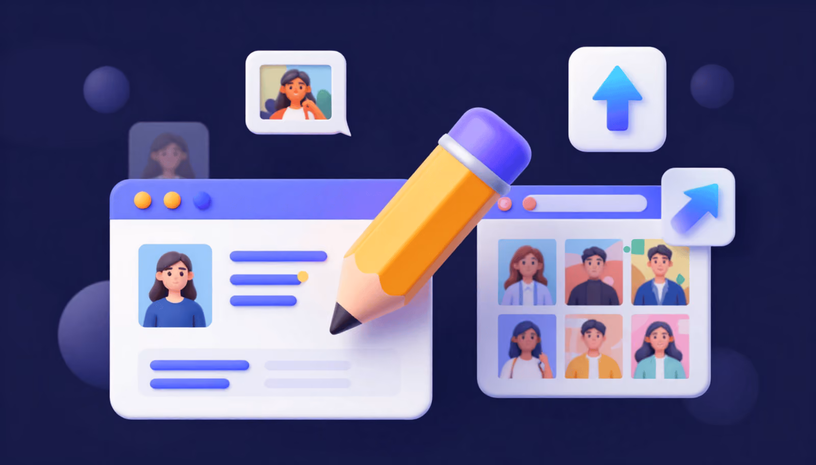 Web page editor with a pencil and profile cards, representing content editing