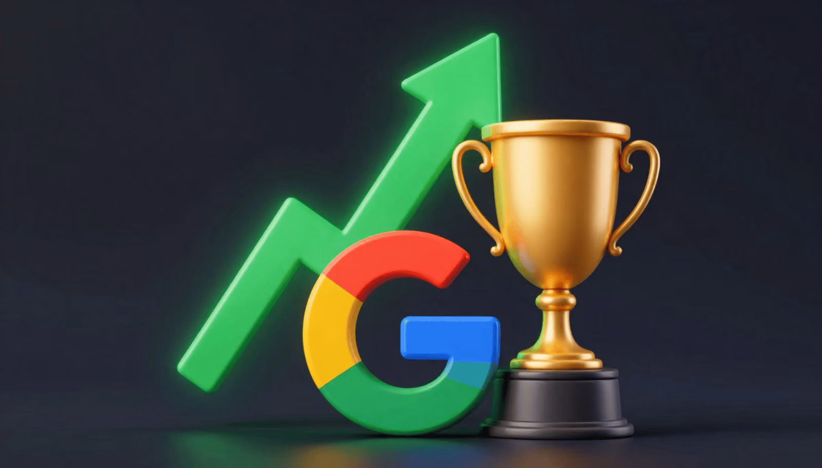 Google logo with a green rising arrow and gold trophy, representing top search rankings