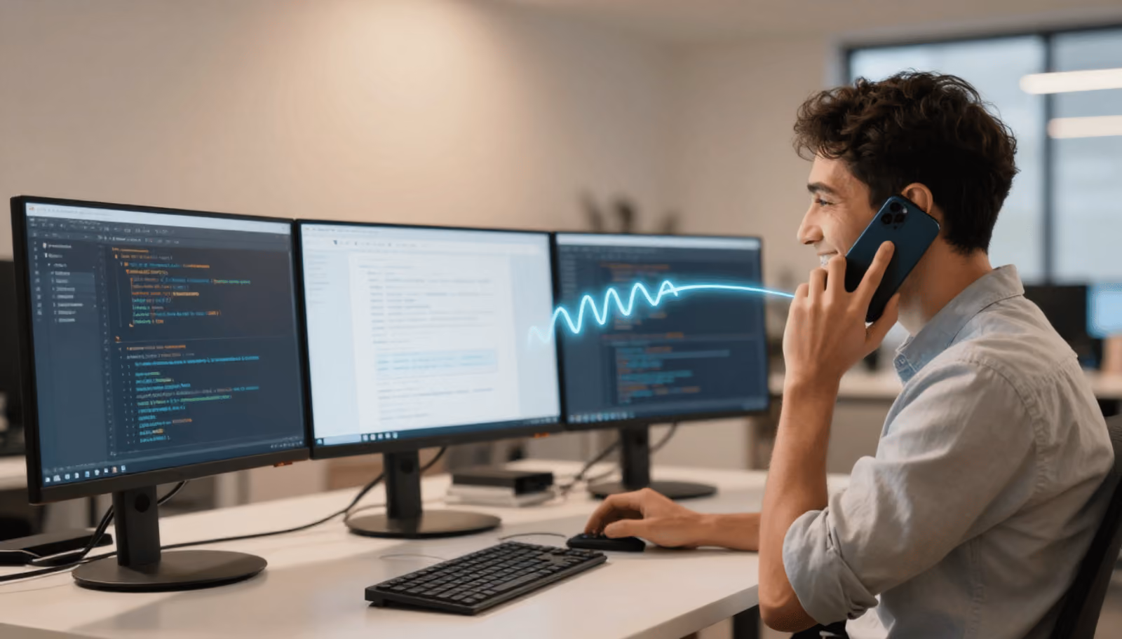 Developer on the phone at a desk with three monitors showing code