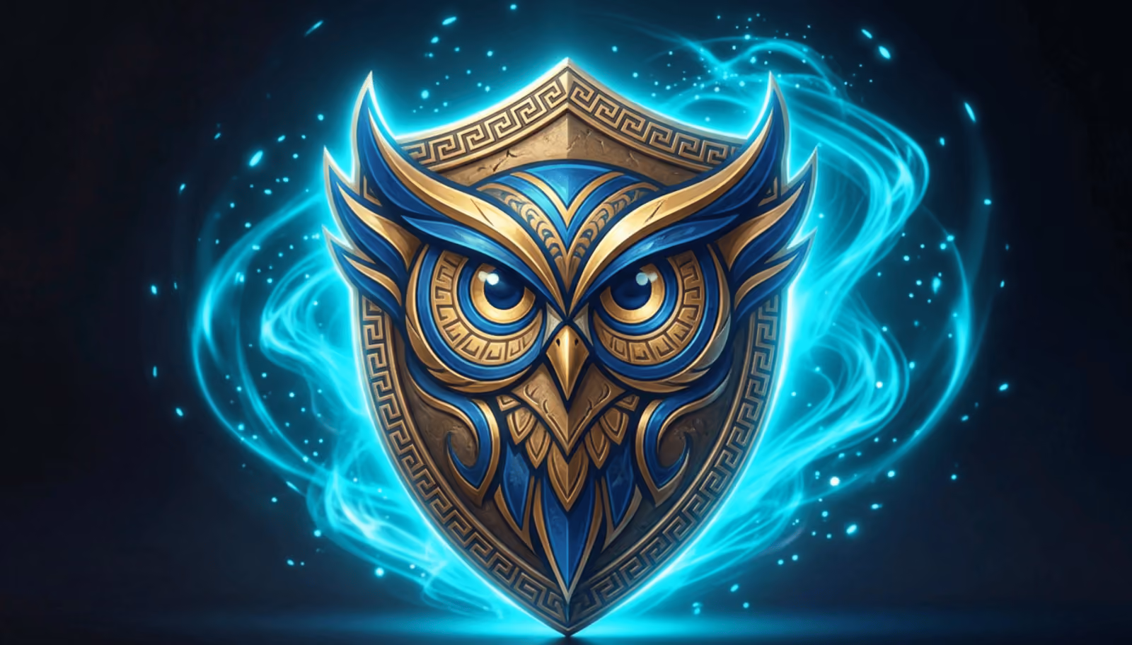 Owl shield emblem glowing with turquoise energy