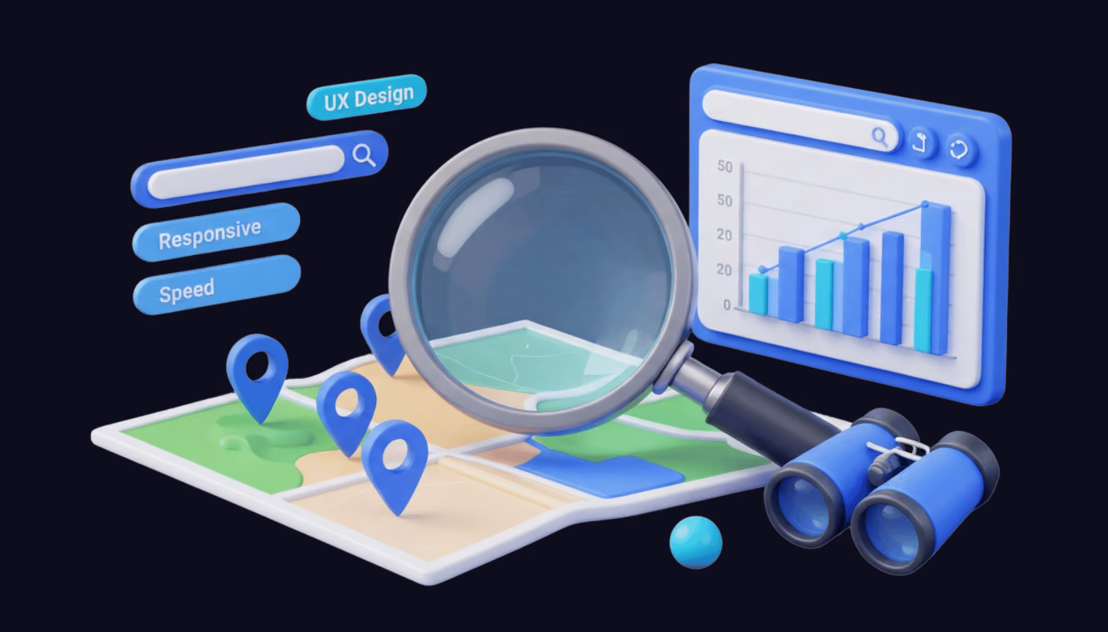 Local SEO services Lincolnshire: magnifying glass over a map and analytics chart with binoculars, representing local search