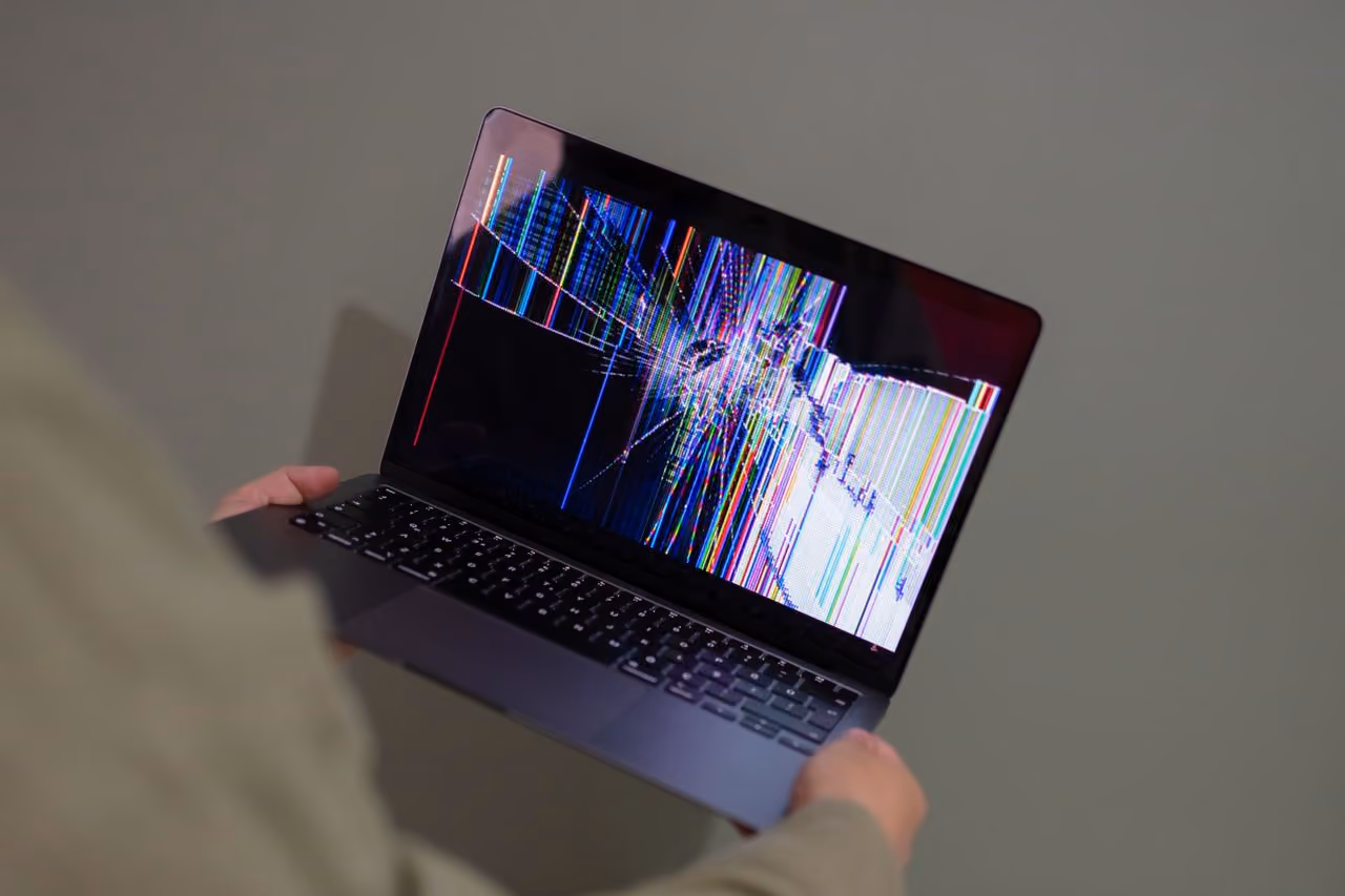 Person holding a laptop with a glitching screen