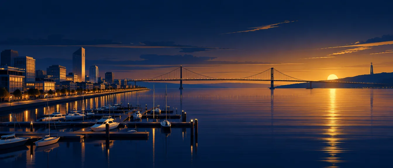 Web design Hull: stylised illustration of Hull's waterfront at dusk with a marina, the Humber estuary and a long suspension bridge in the distance