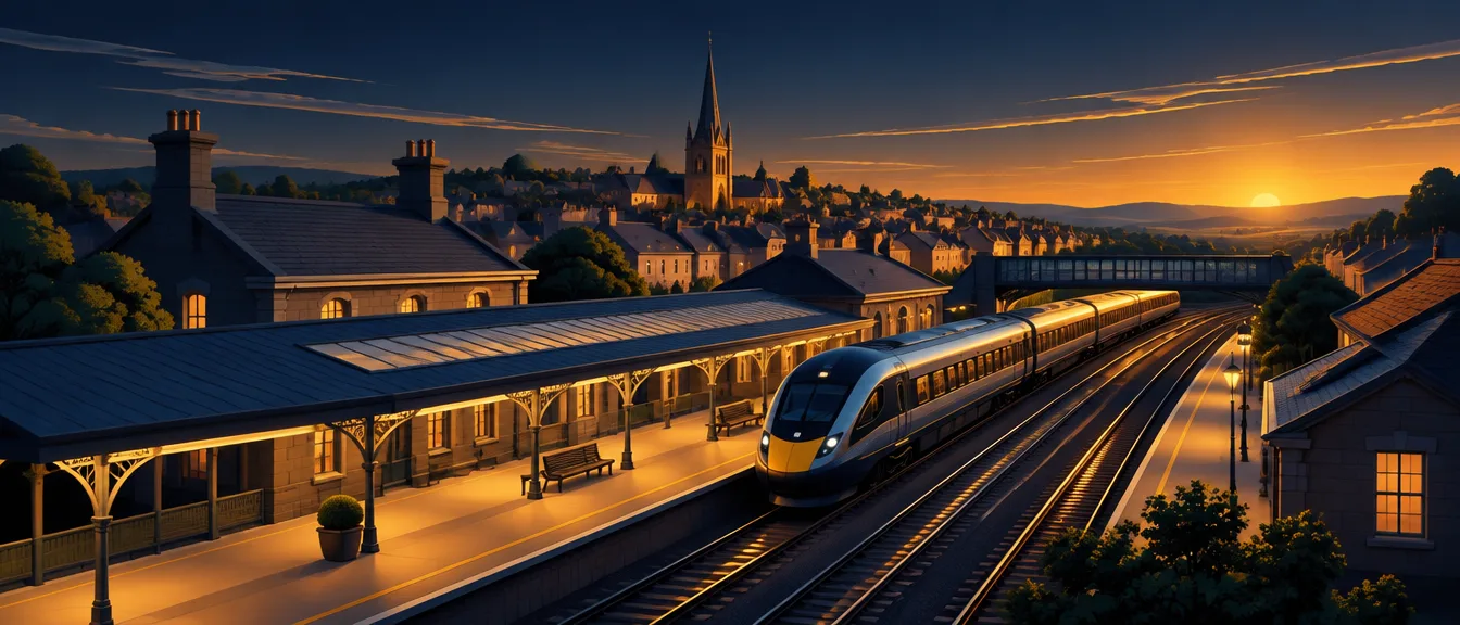 Web design Doncaster: stylised illustration of a railway town at dusk with a modern train, a station canopy and town rooftops