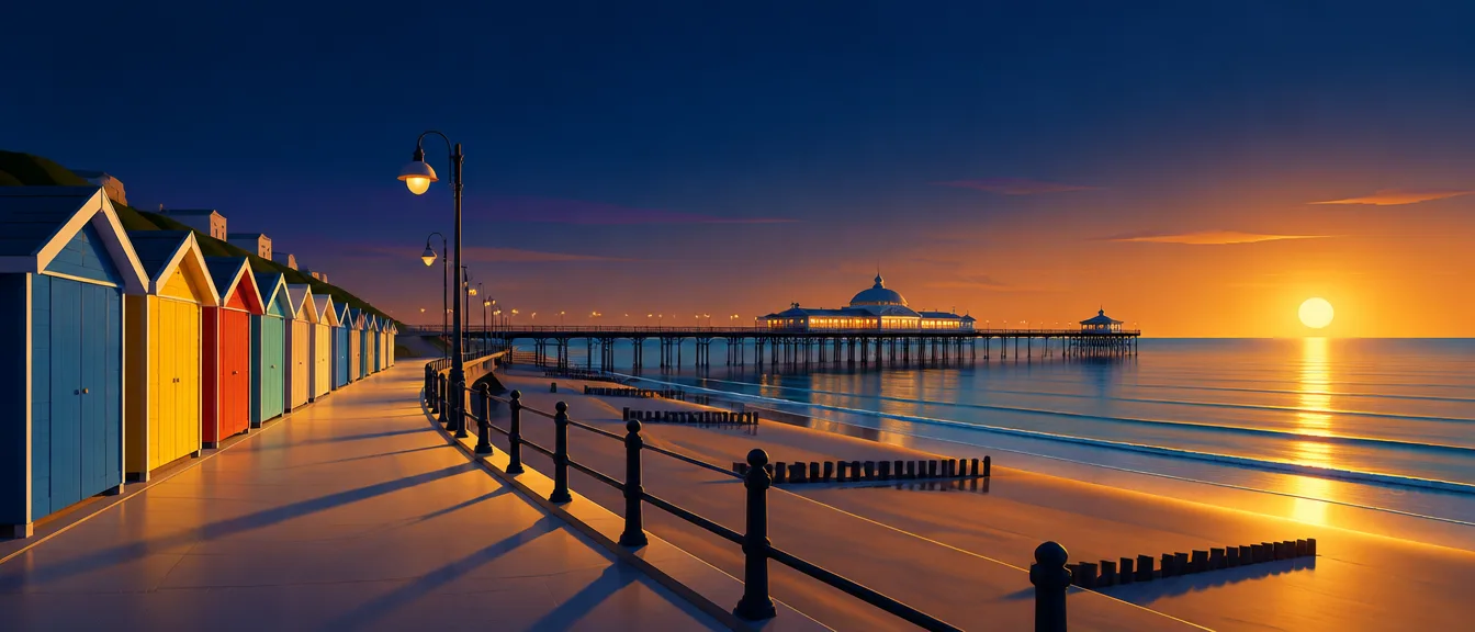 Web design Cleethorpes: stylised illustration of the Cleethorpes seafront at dusk with a pier, beach huts and the sea