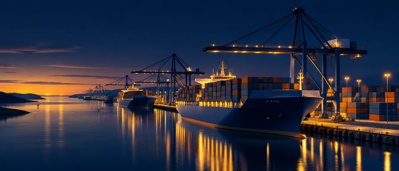 Web design Immingham: stylised illustration of a deep-water port at dusk with container ships and dock cranes