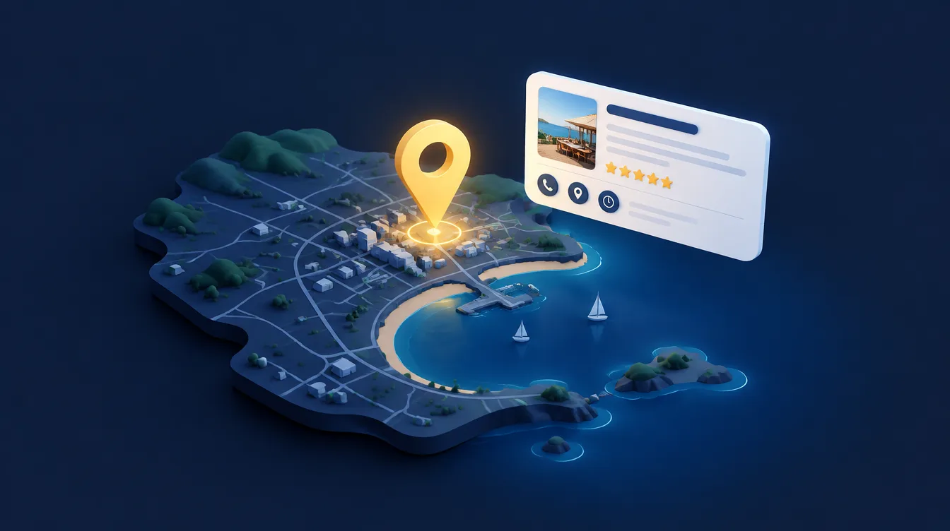 Map with a location pin and a business profile card representing local search in Hull