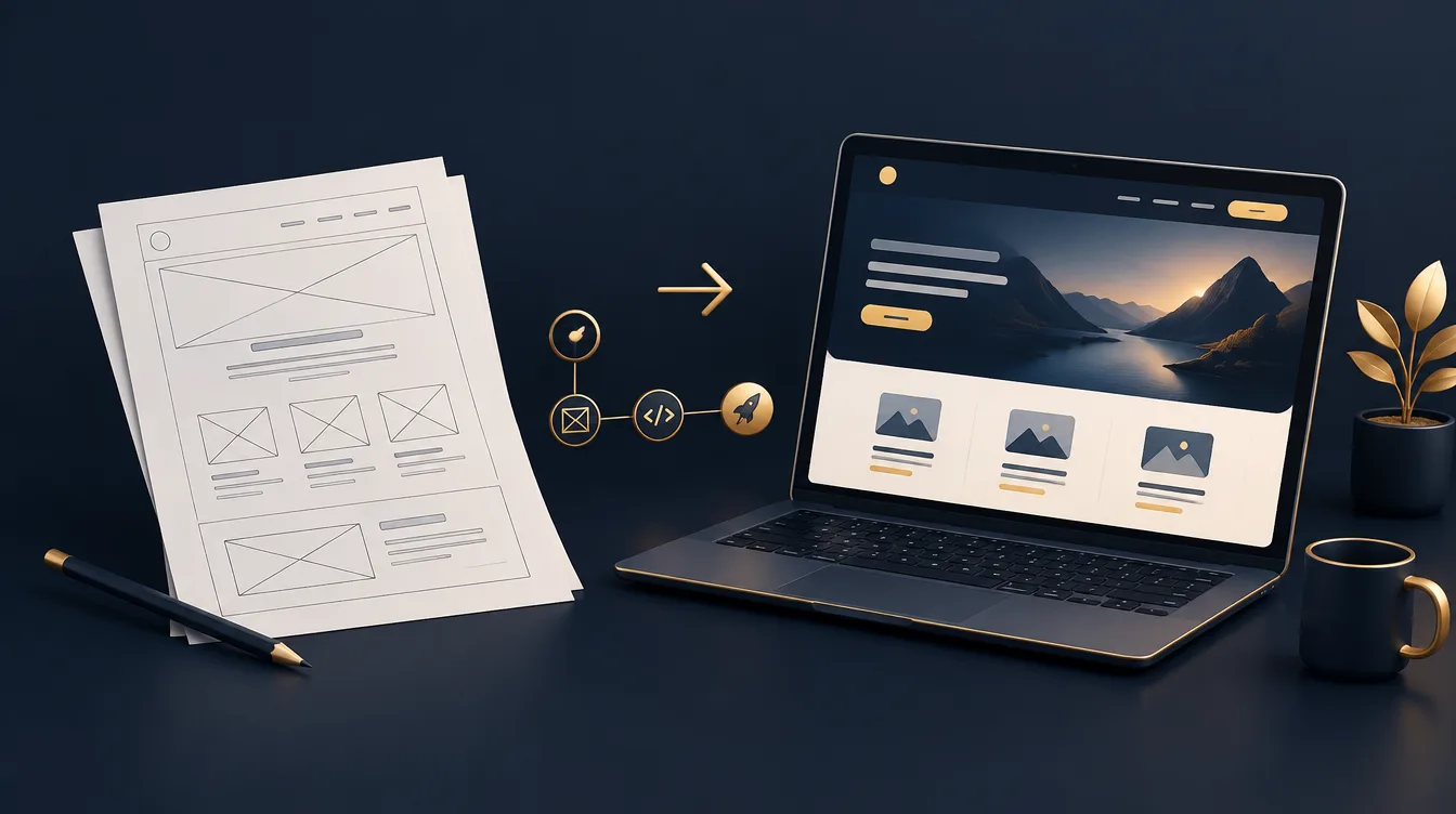 Web design Grimsby process: paper wireframe sketches beside a laptop showing the finished website