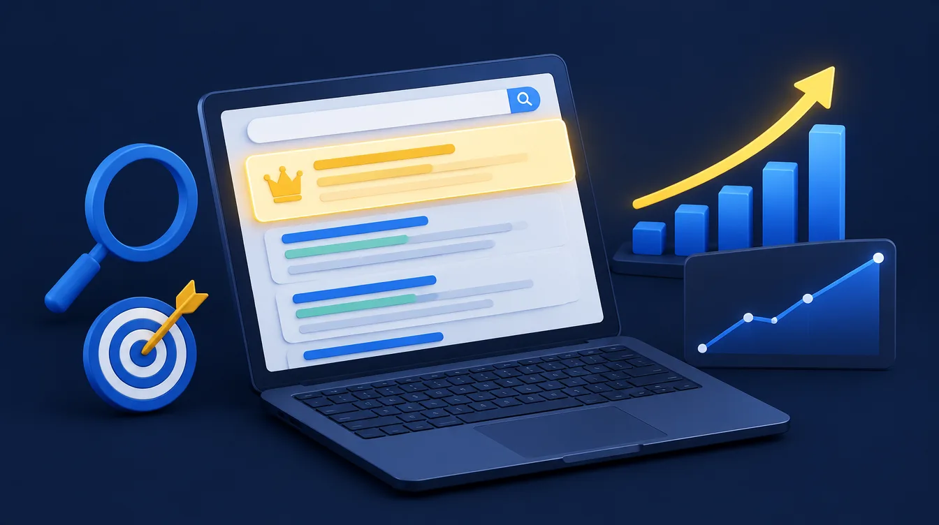Local SEO services Lincolnshire: laptop showing search results with a highlighted top result and a rising traffic chart
