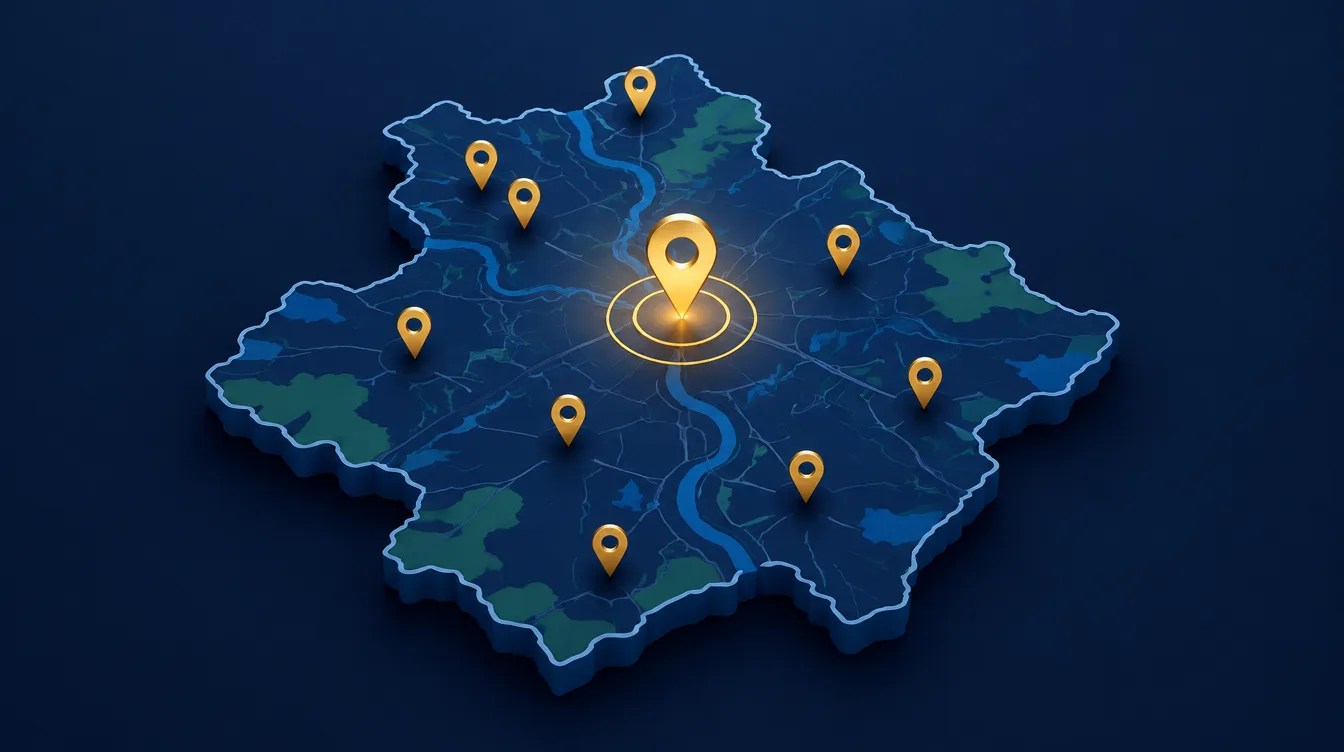 Stylised county map with gold location pins and a highlighted central pin representing local SEO