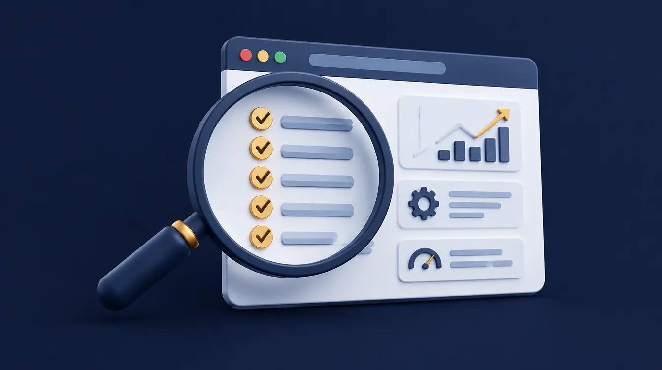 Local SEO services Lincolnshire audit: magnifying glass over a web page with a technical checklist of gold ticks