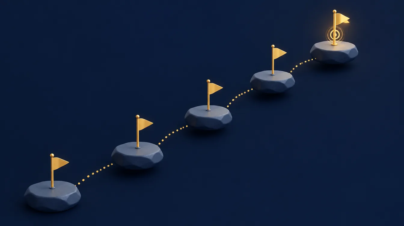 Roadmap of stepping stones with gold flags leading upward representing an SEO strategy