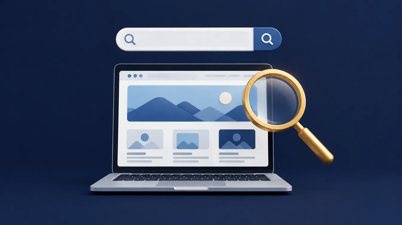 Clean professional website on a laptop with a gold magnifying glass and a search bar