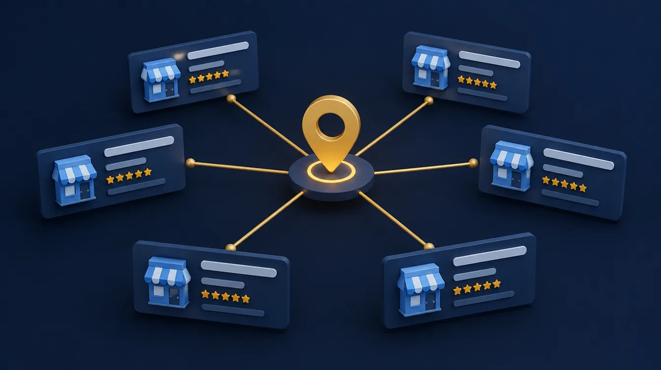 Network of business directory listings connected by gold lines to a central location pin