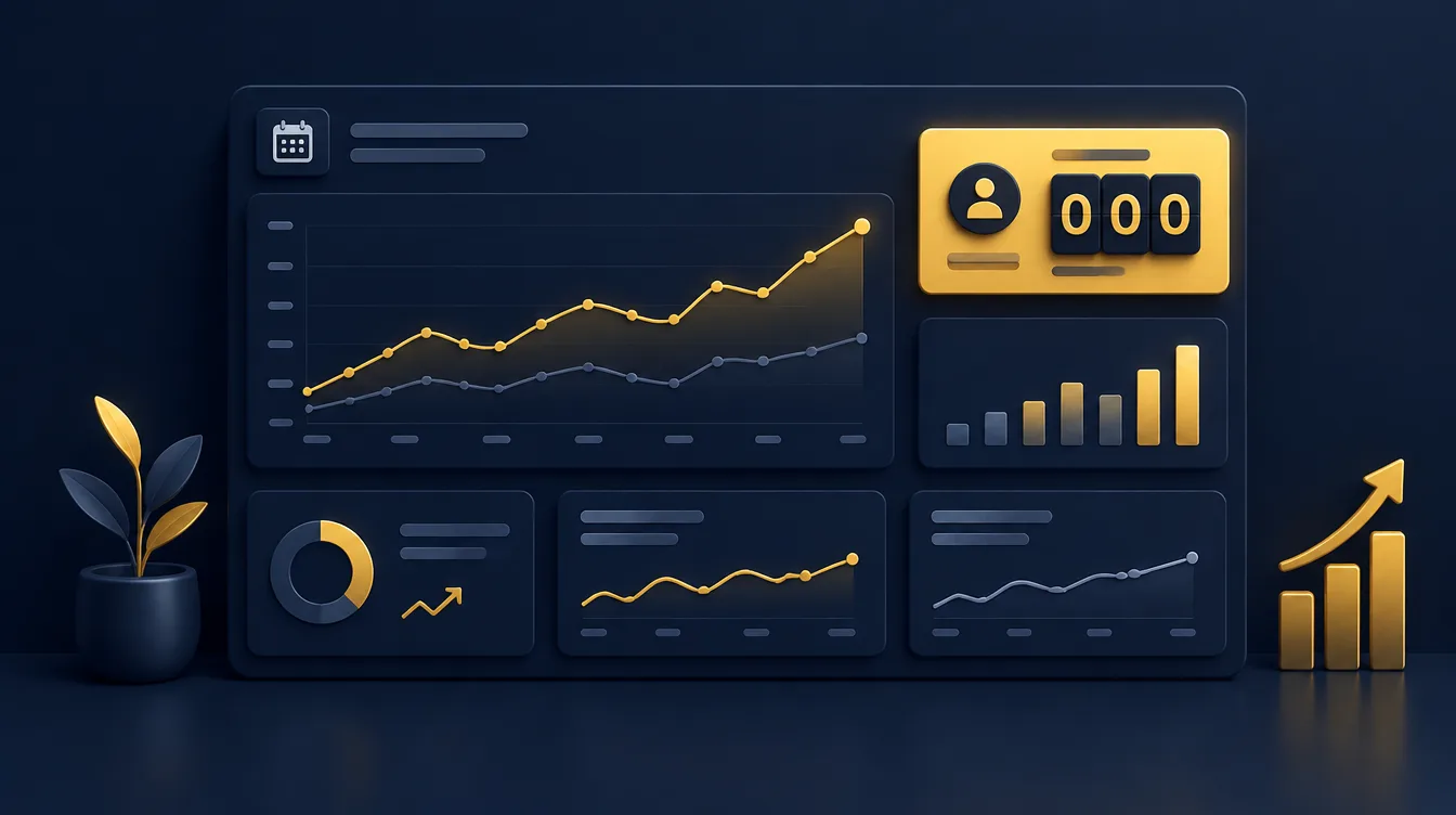 Monthly SEO performance report dashboard with line charts and a highlighted enquiries counter