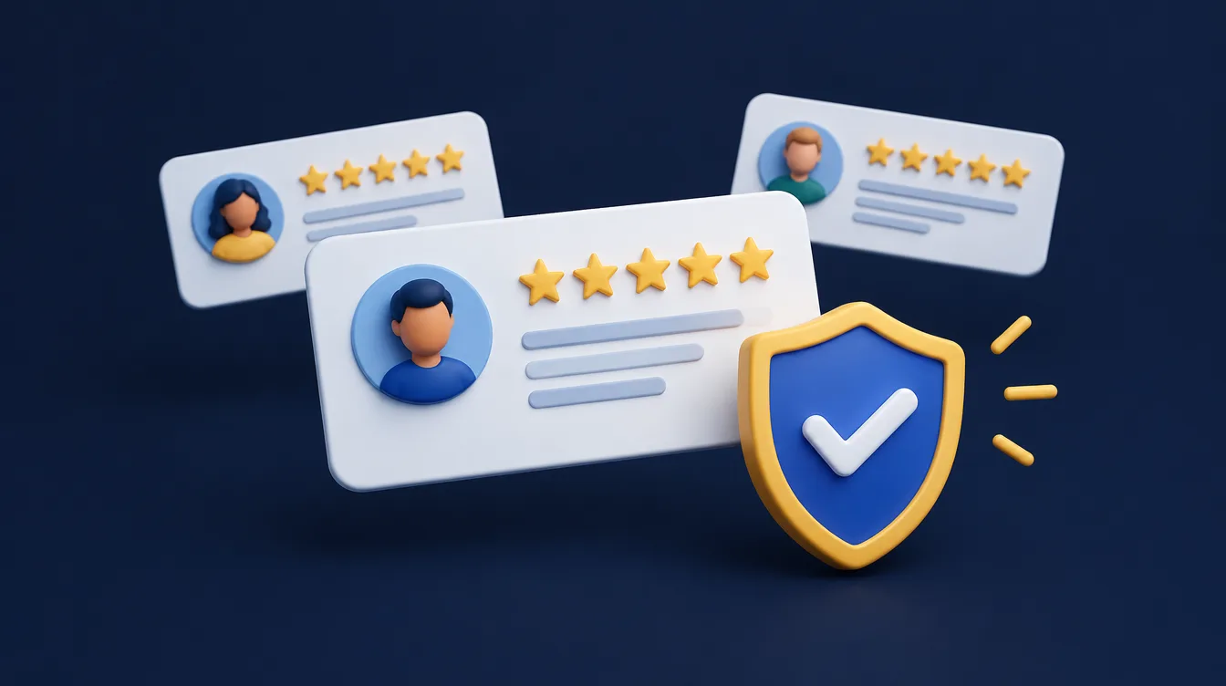 Customer review cards with gold star ratings and a shield with a tick representing trust