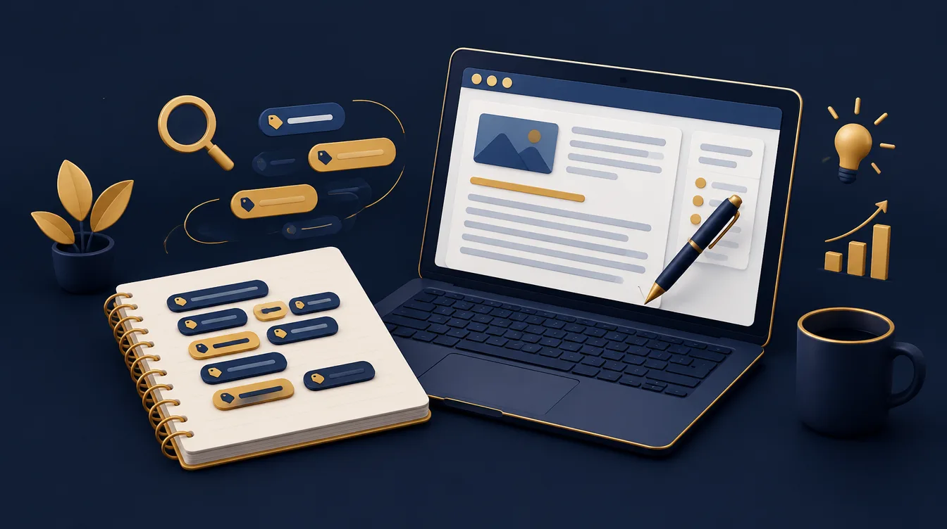 Notebook with keyword tags beside a laptop showing a content page being written