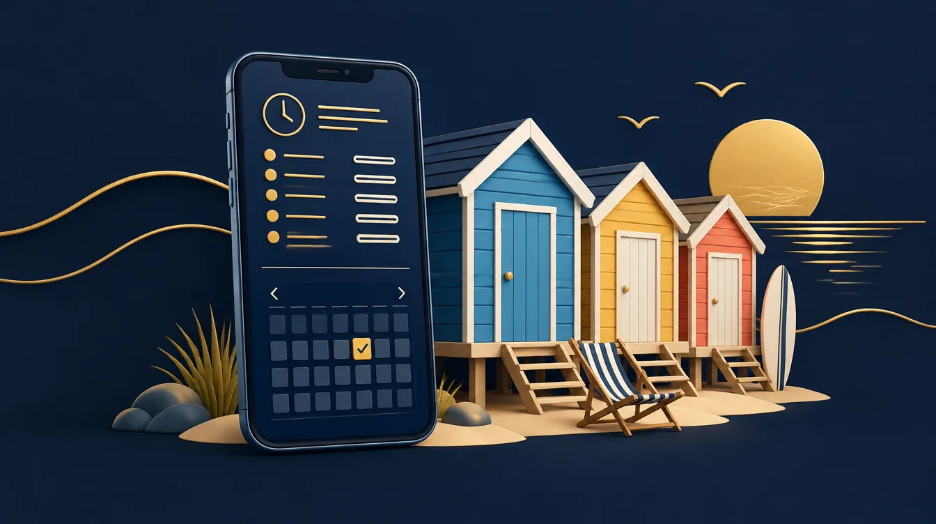 Web design Cleethorpes for seaside businesses: smartphone showing opening hours and a booking calendar beside beach huts