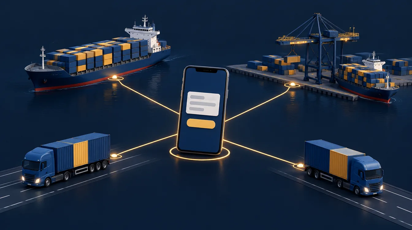 Web design Immingham for port supply chains: container ships and lorries connected to a quote request on a smartphone