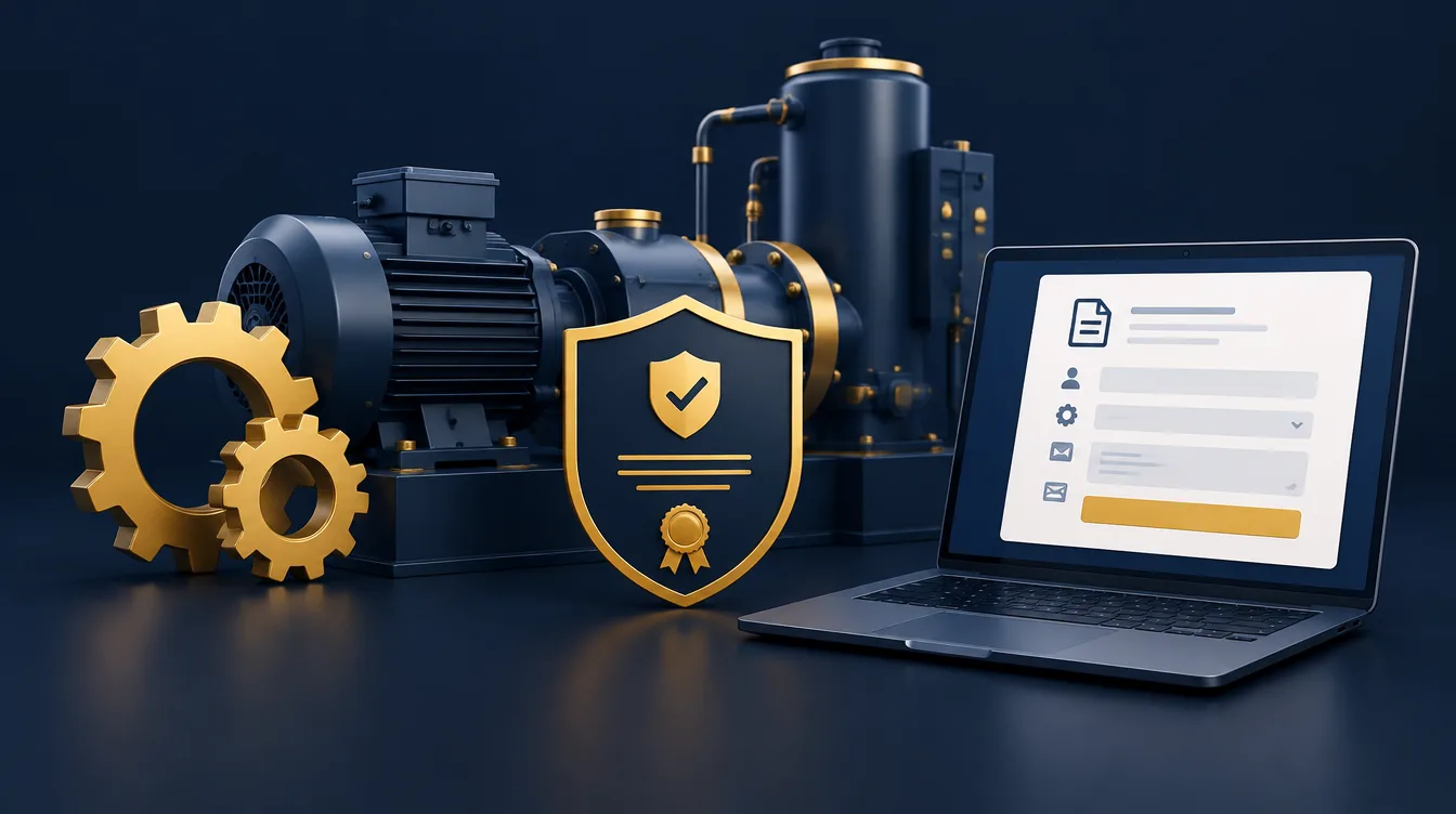 Web design Scunthorpe for industrial firms: machinery, a safety certificate shield and a quote request form on a laptop