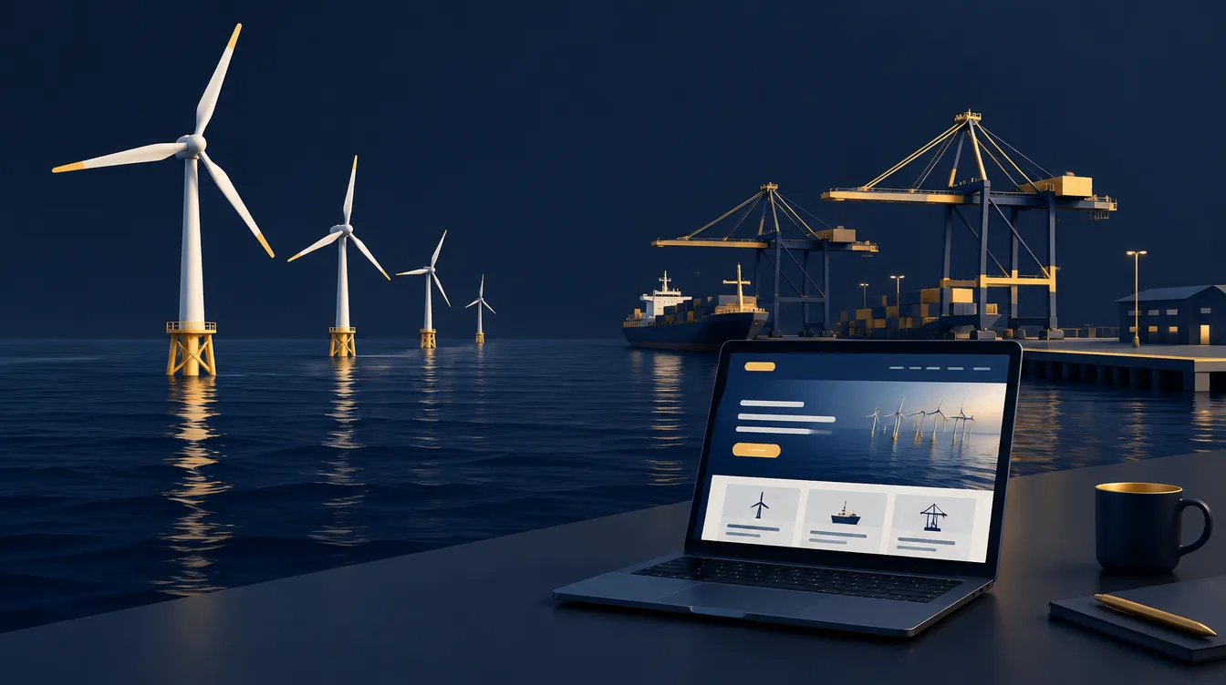 Web design Hull for port and energy firms: offshore wind turbines and port cranes beside a laptop showing a company website