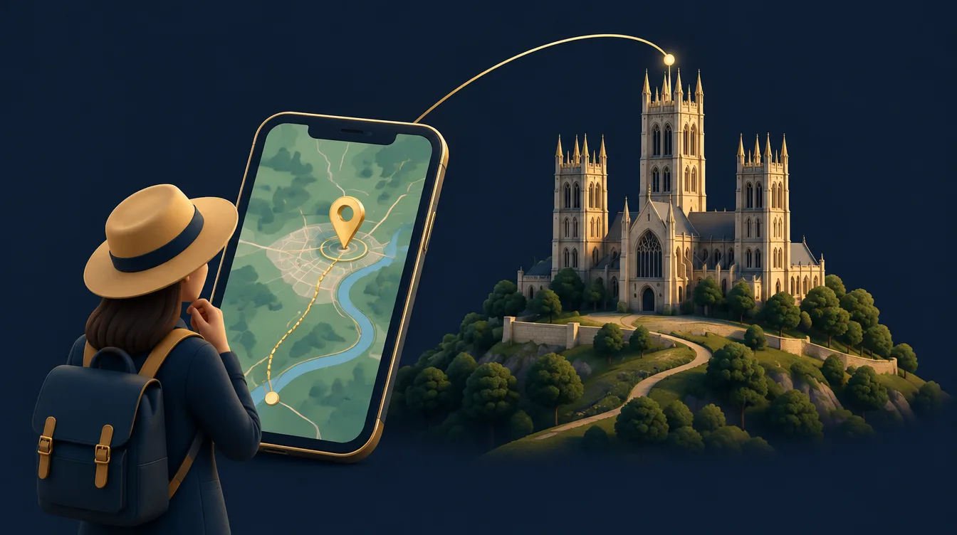 Web design Lincoln for visitor businesses: visitor with a phone map planning a trip beside a hilltop cathedral