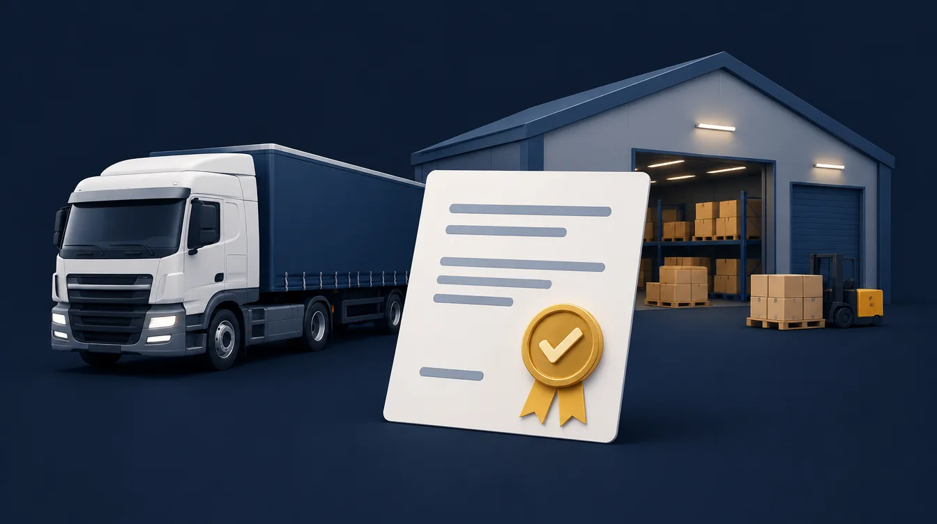 Web design Doncaster for logistics firms: lorry, warehouse and a tender document with a gold tick
